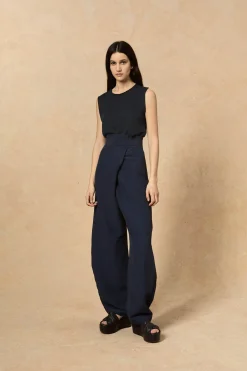 Arco, pantalon en lino y cupro azul intenso