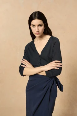 Arco, skirt in deep blue linen and cupro