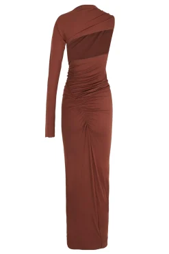 Babar, vestido asimetrico en cupro stretch granate