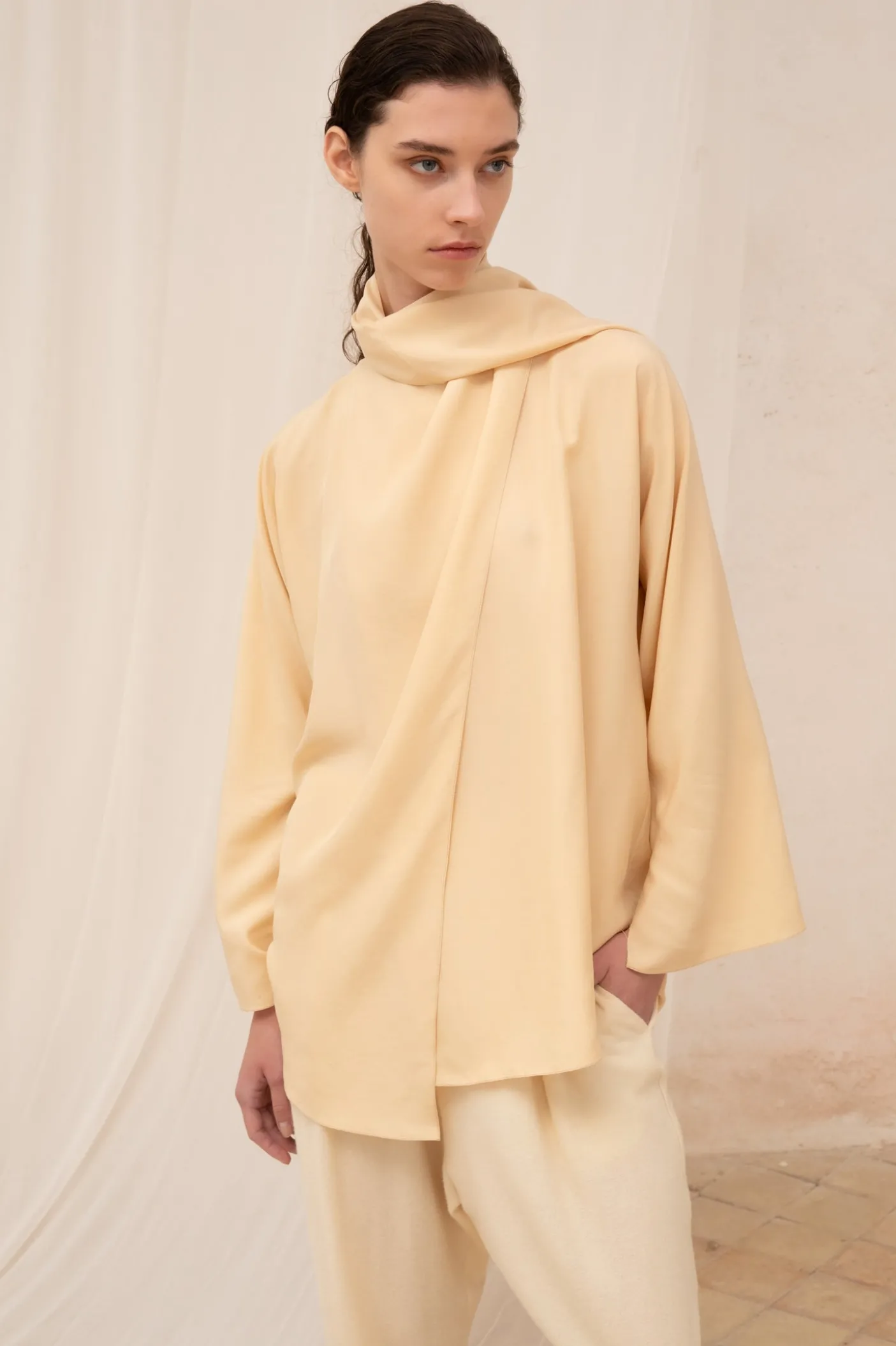 Clara, beige silk wrap blouse