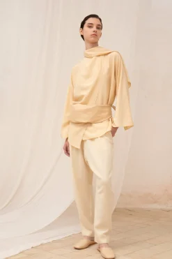 Clara, beige silk wrap blouse