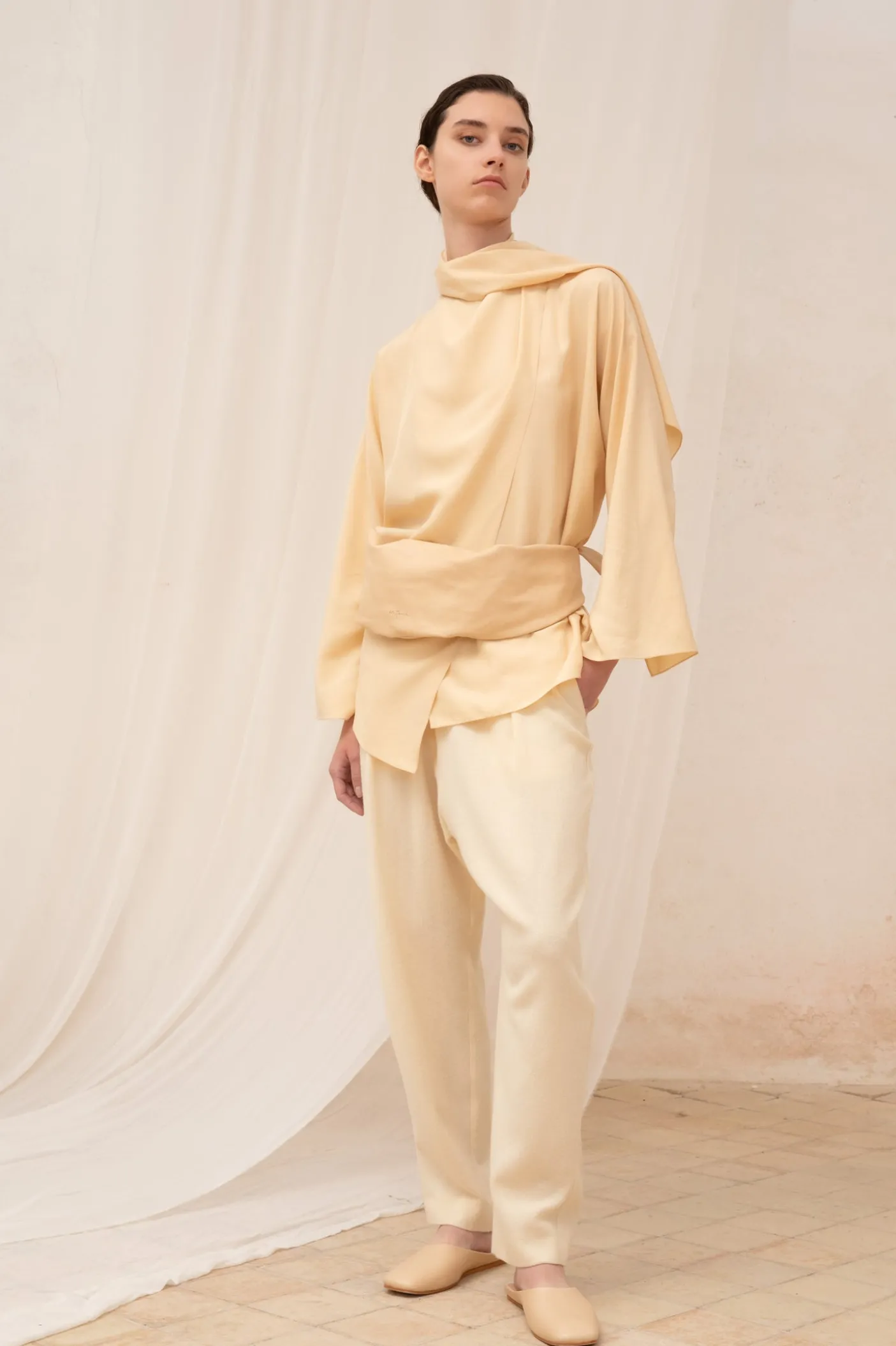 Clara, beige silk wrap blouse
