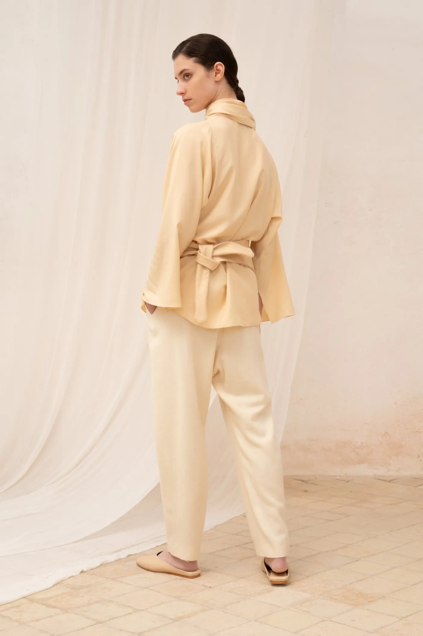 Clara, beige silk wrap blouse