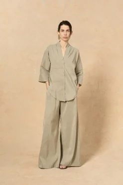Cleo, pantalon en lino y seda a rayas verdes