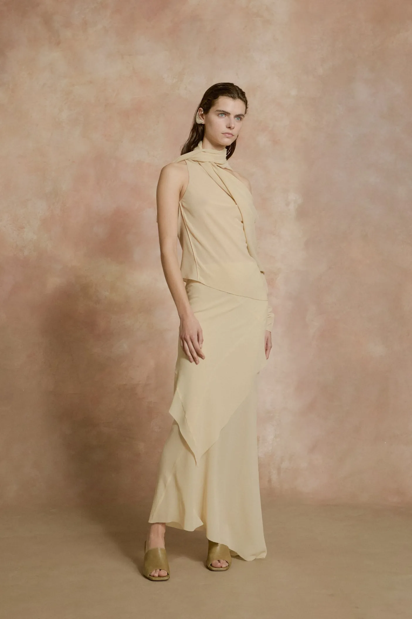 Dora, long skirt in beige silk georgette