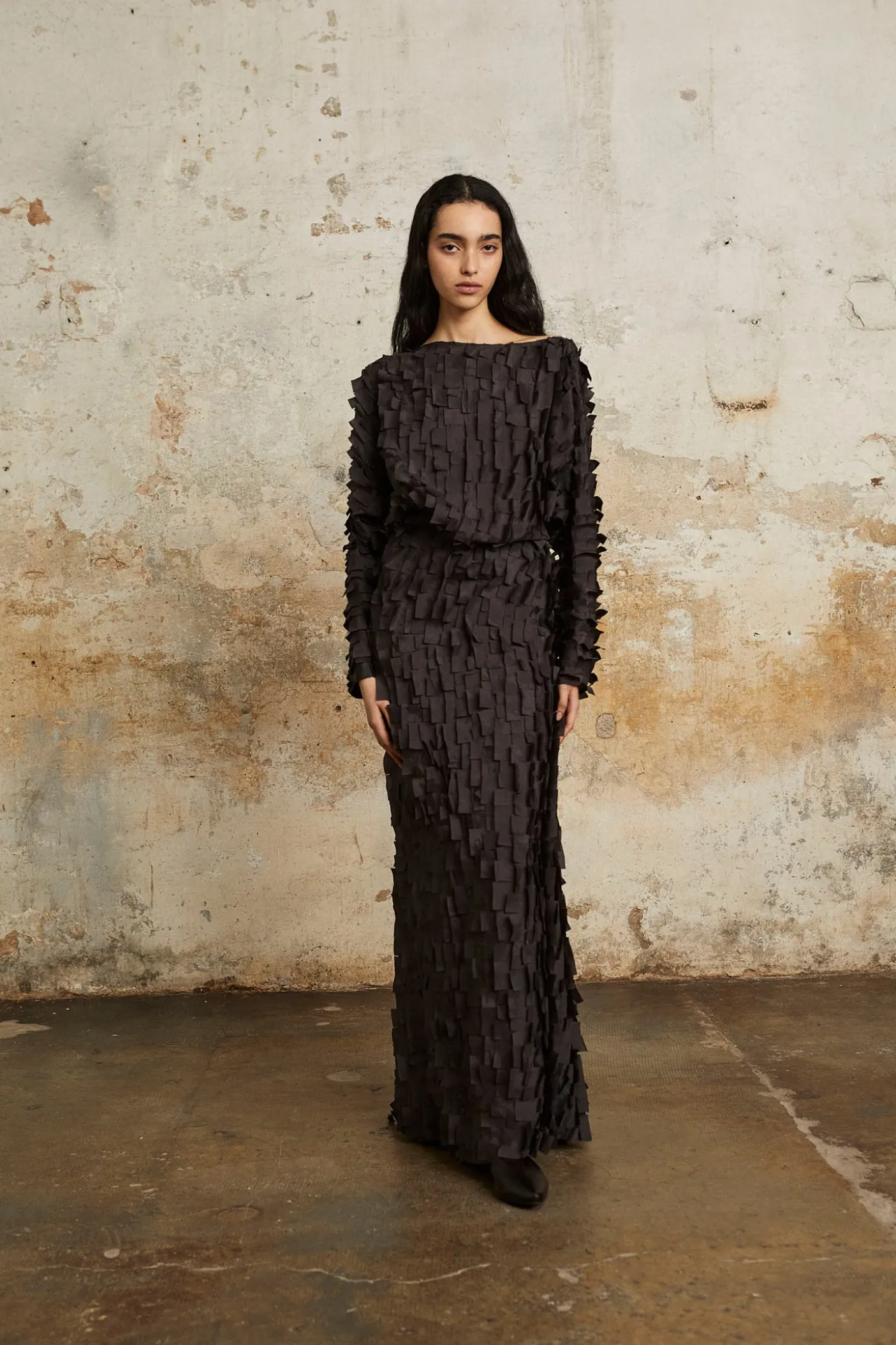 Epica, long silk skirt with a feathered effect
