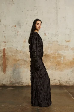 Epica, long silk skirt with a feathered effect