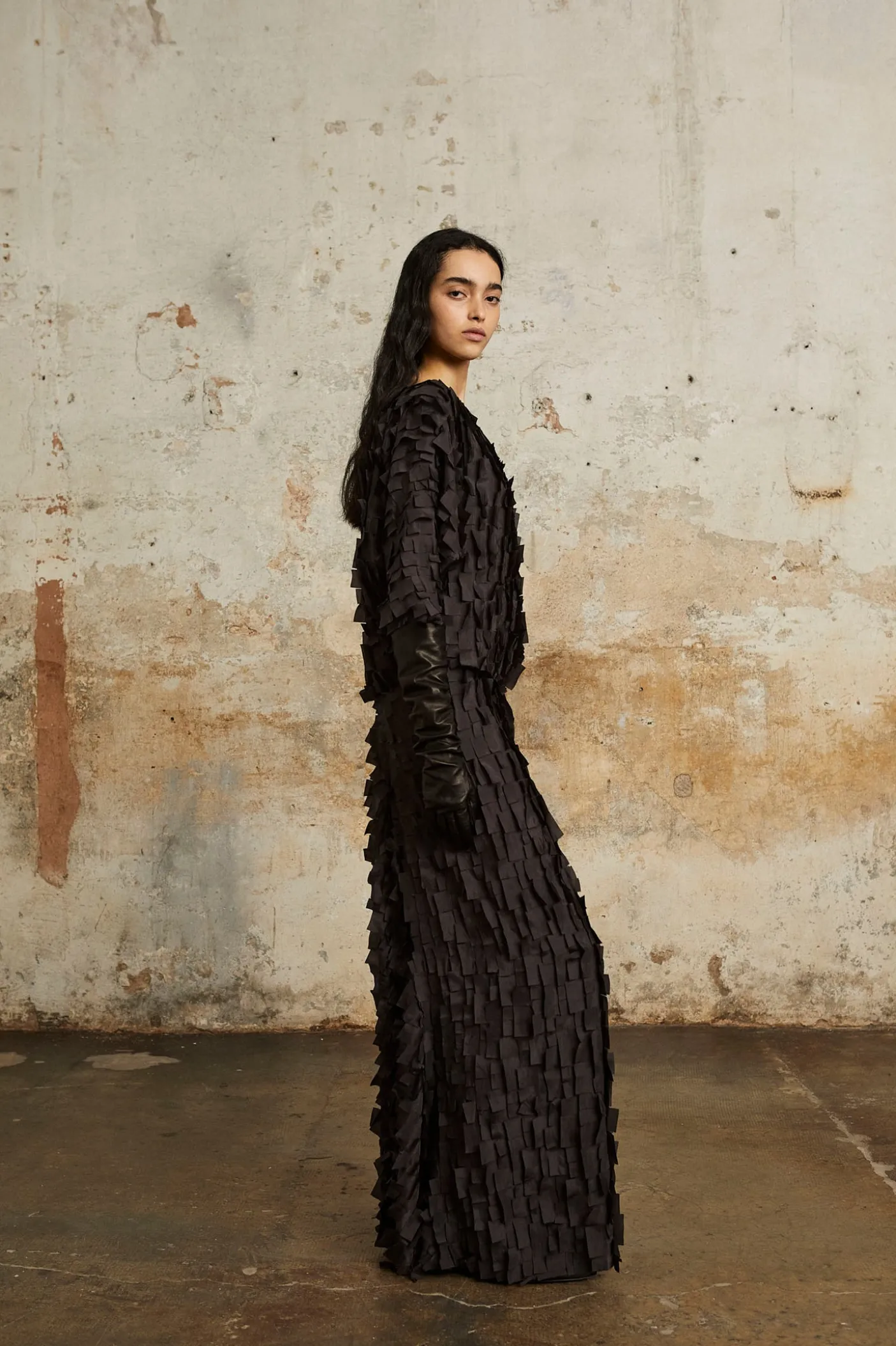 Epica, long silk skirt with a feathered effect