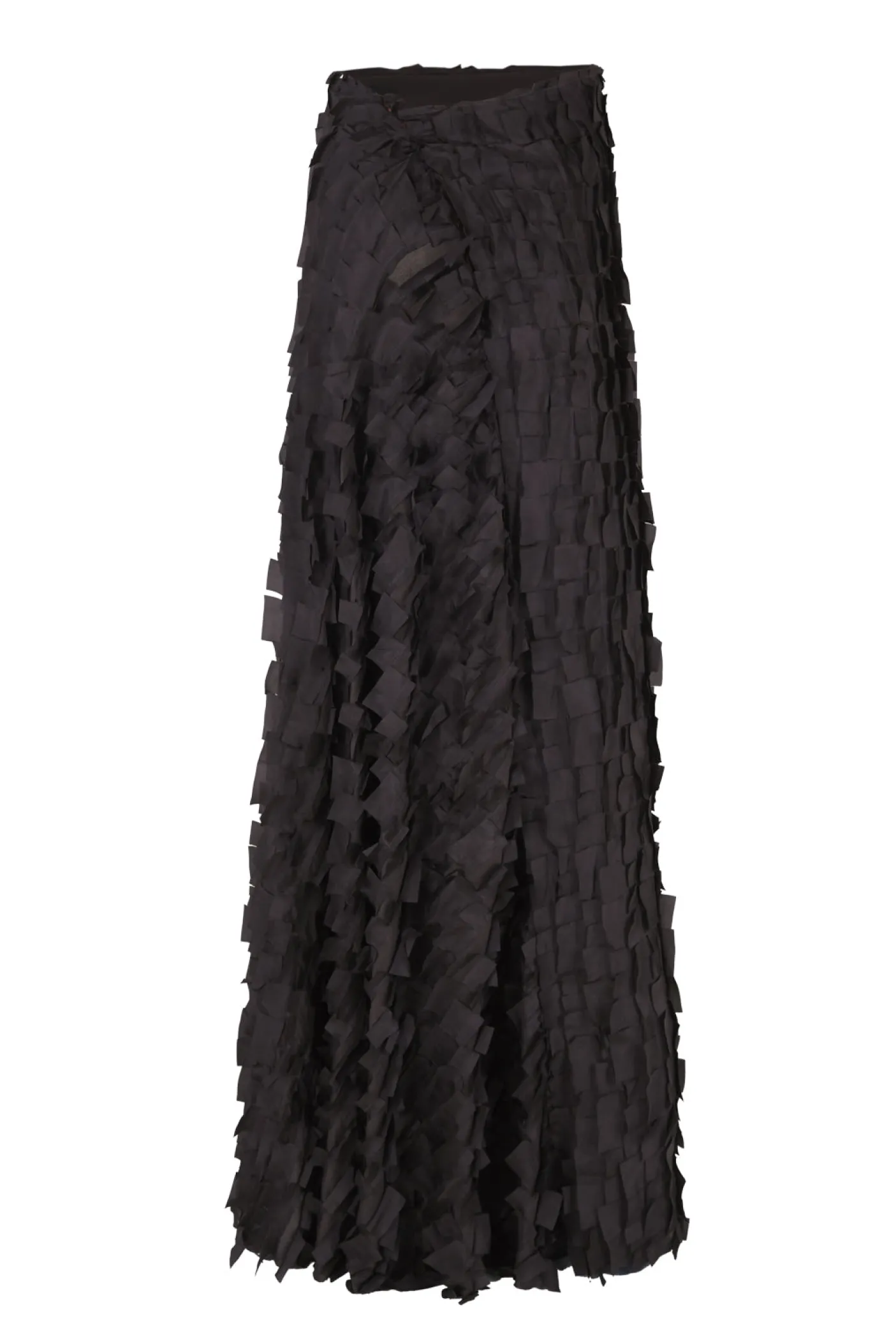 Epica, long silk skirt with a feathered effect