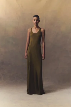Georgia, long dress in moss green silk