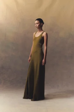 Georgia, long dress in moss green silk