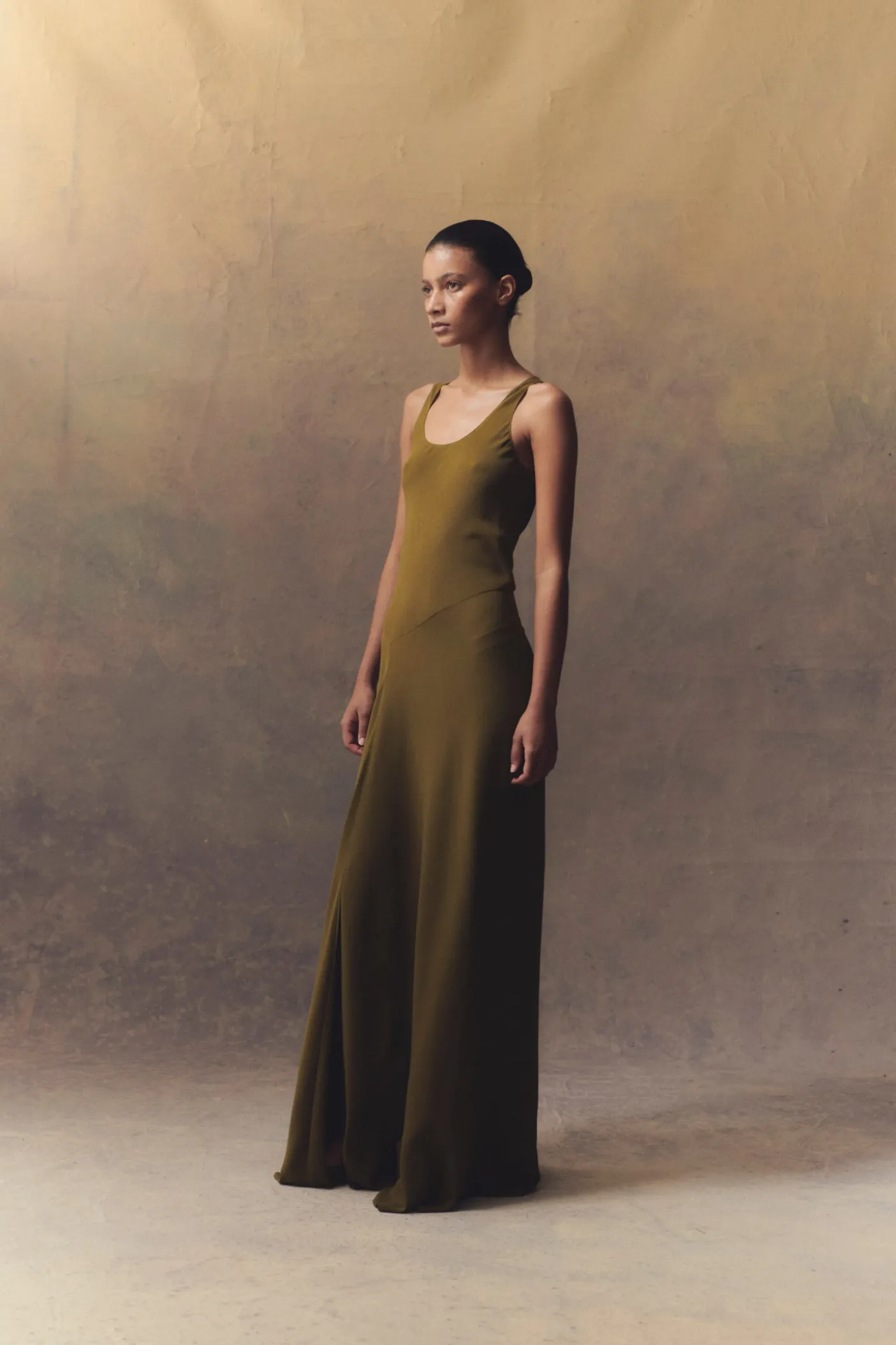 Georgia, long dress in moss green silk