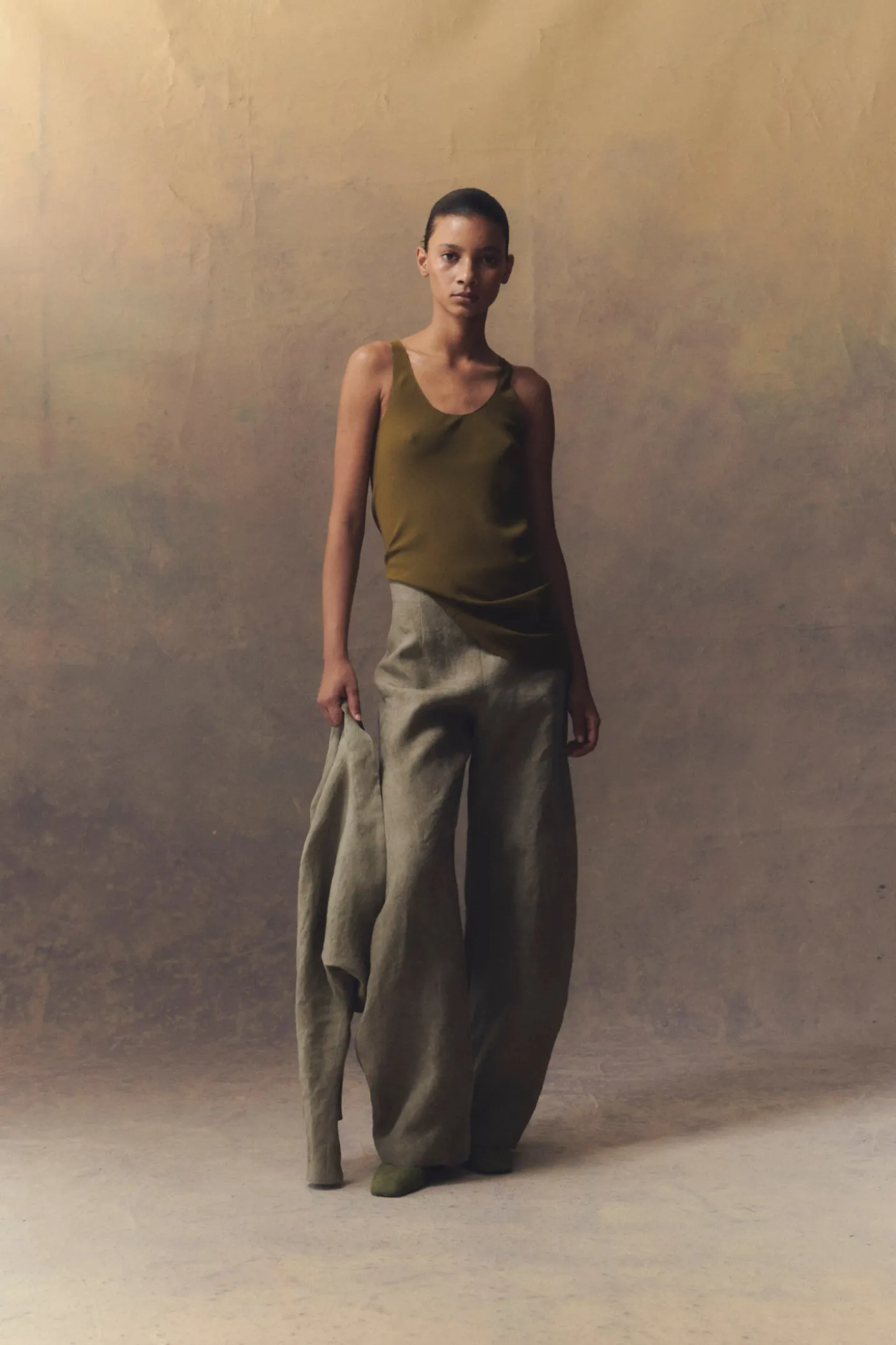 Georgia, moss green silk top