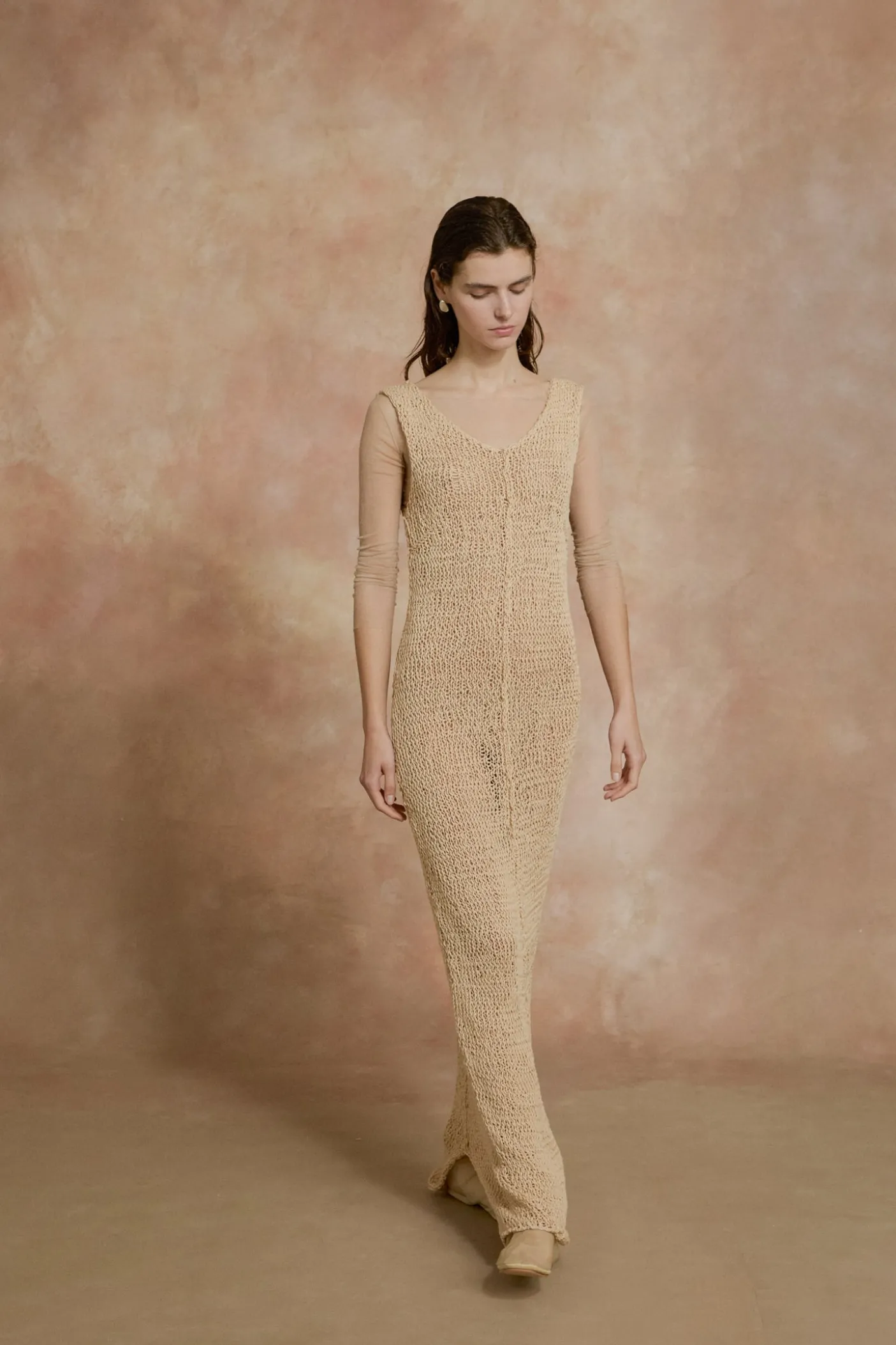 Hanami, long beige cotton knit dress