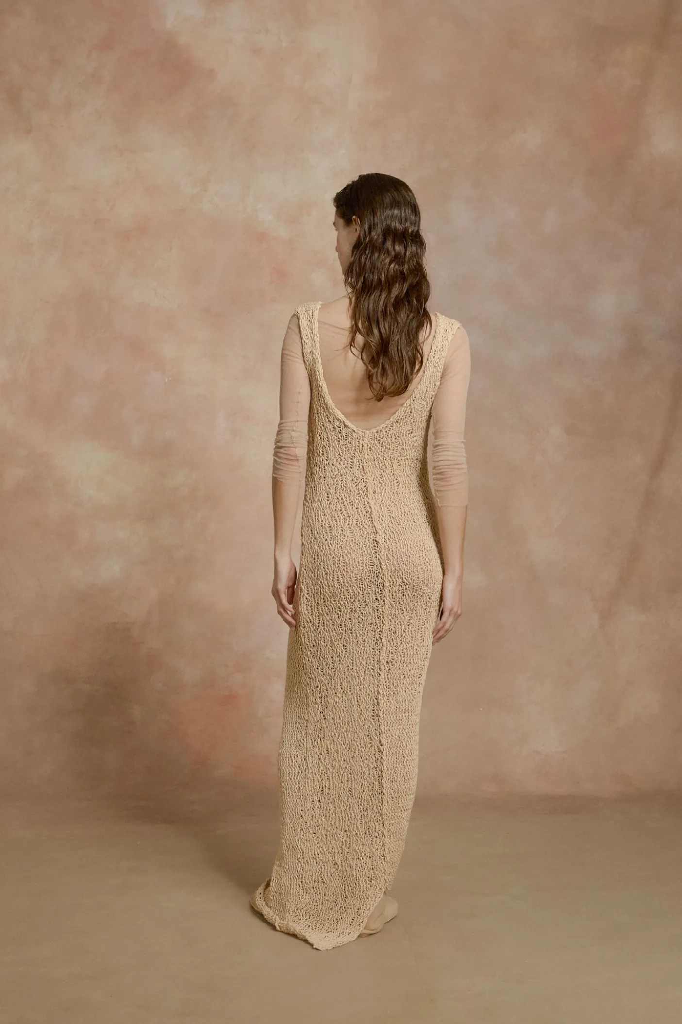 Hanami, long beige cotton knit dress