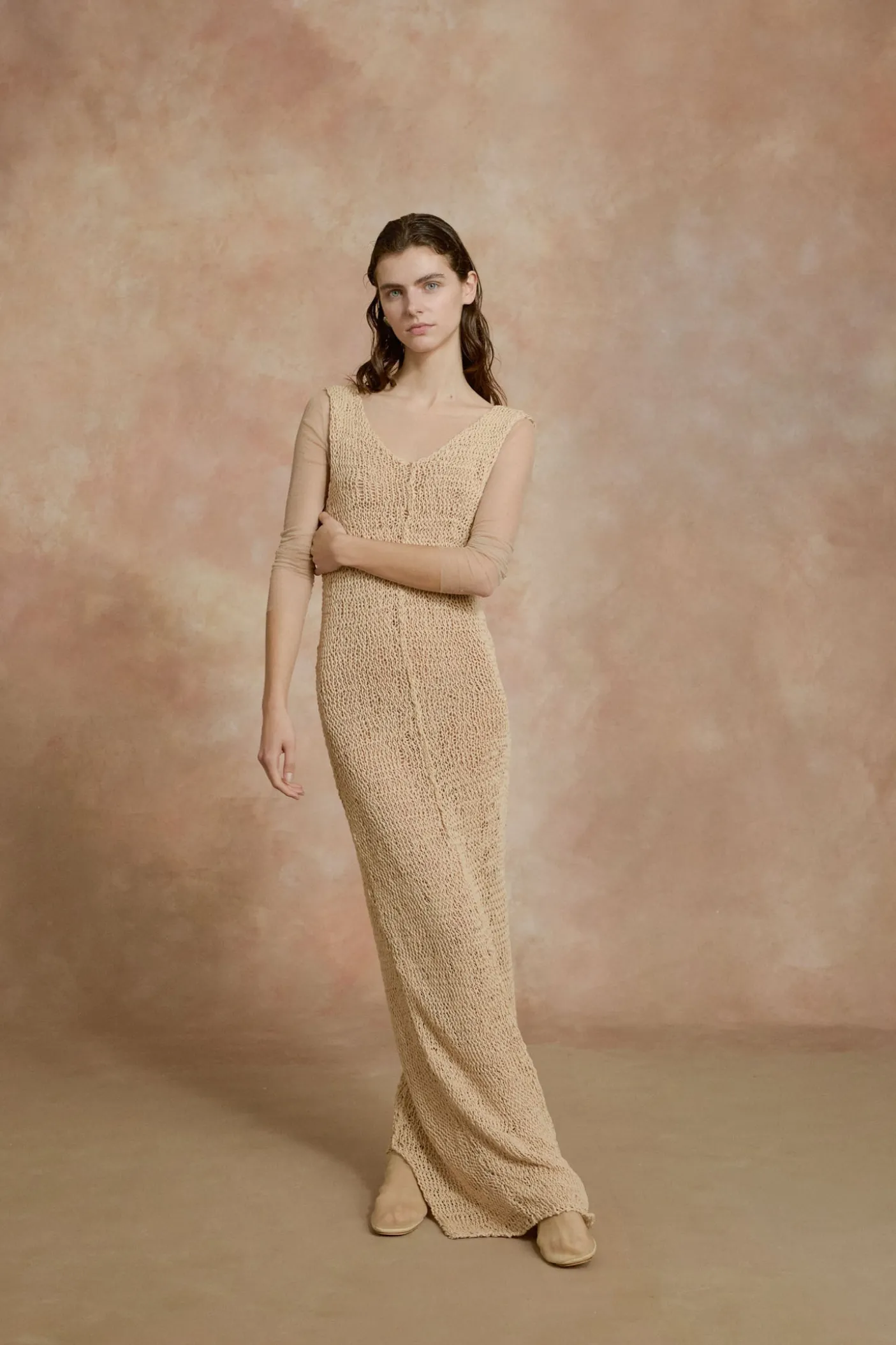 Hanami, long beige cotton knit dress