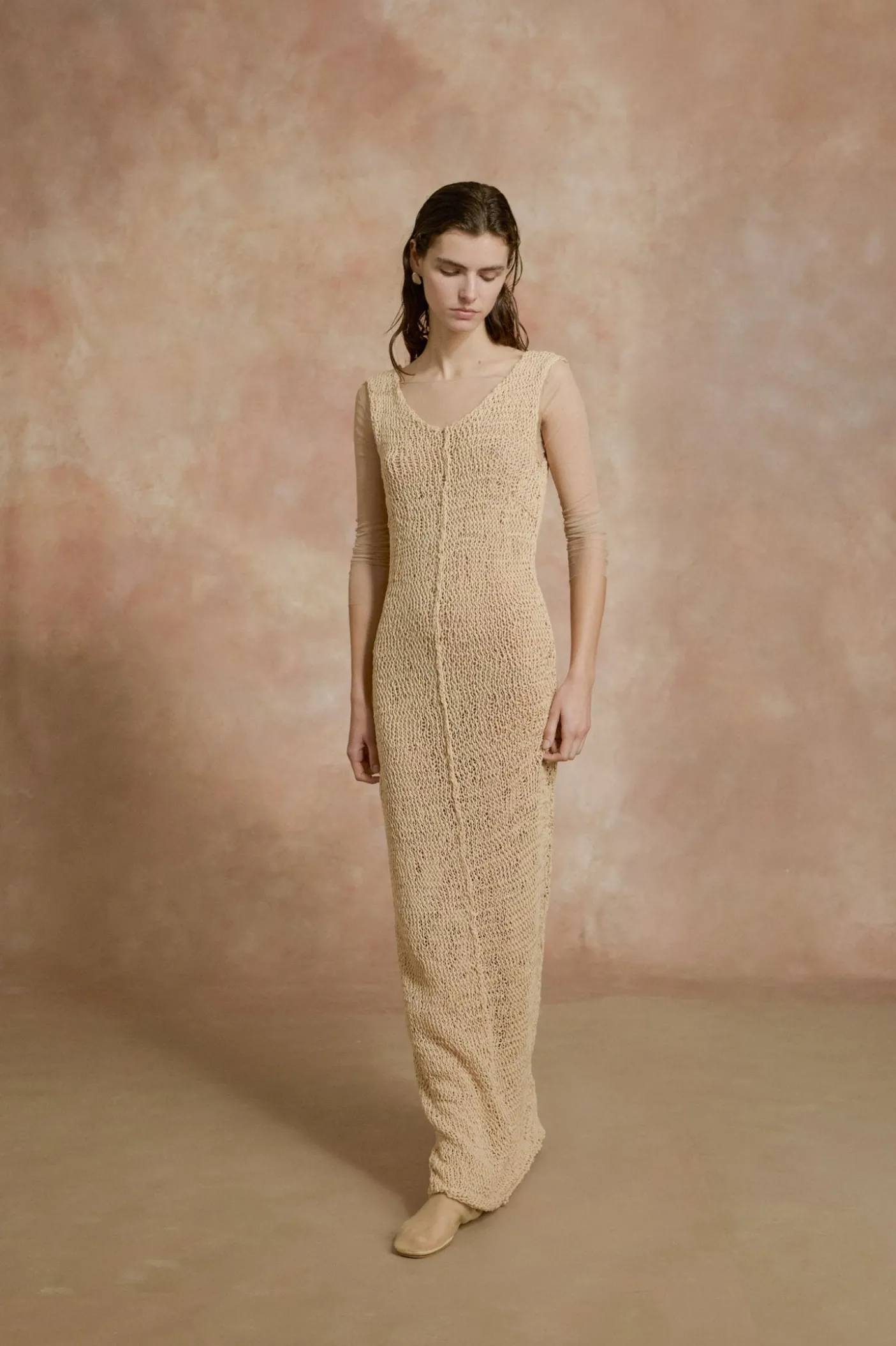 Hanami, long beige cotton knit dress