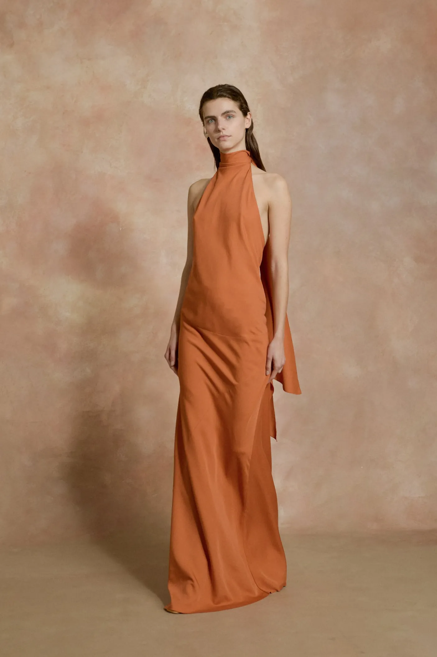 Irena, orange silk crepe halter dress