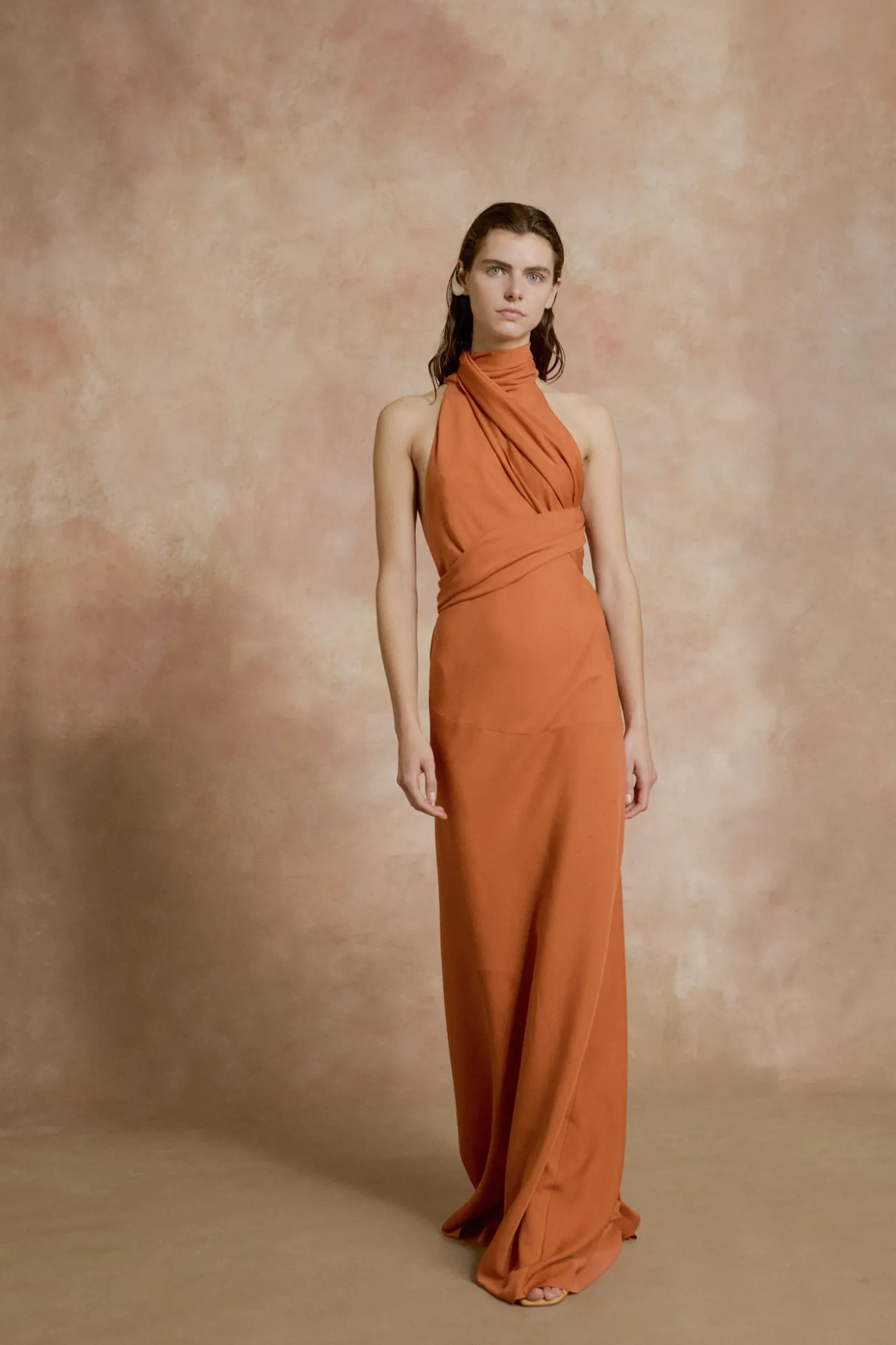 Irena, orange silk crepe halter dress