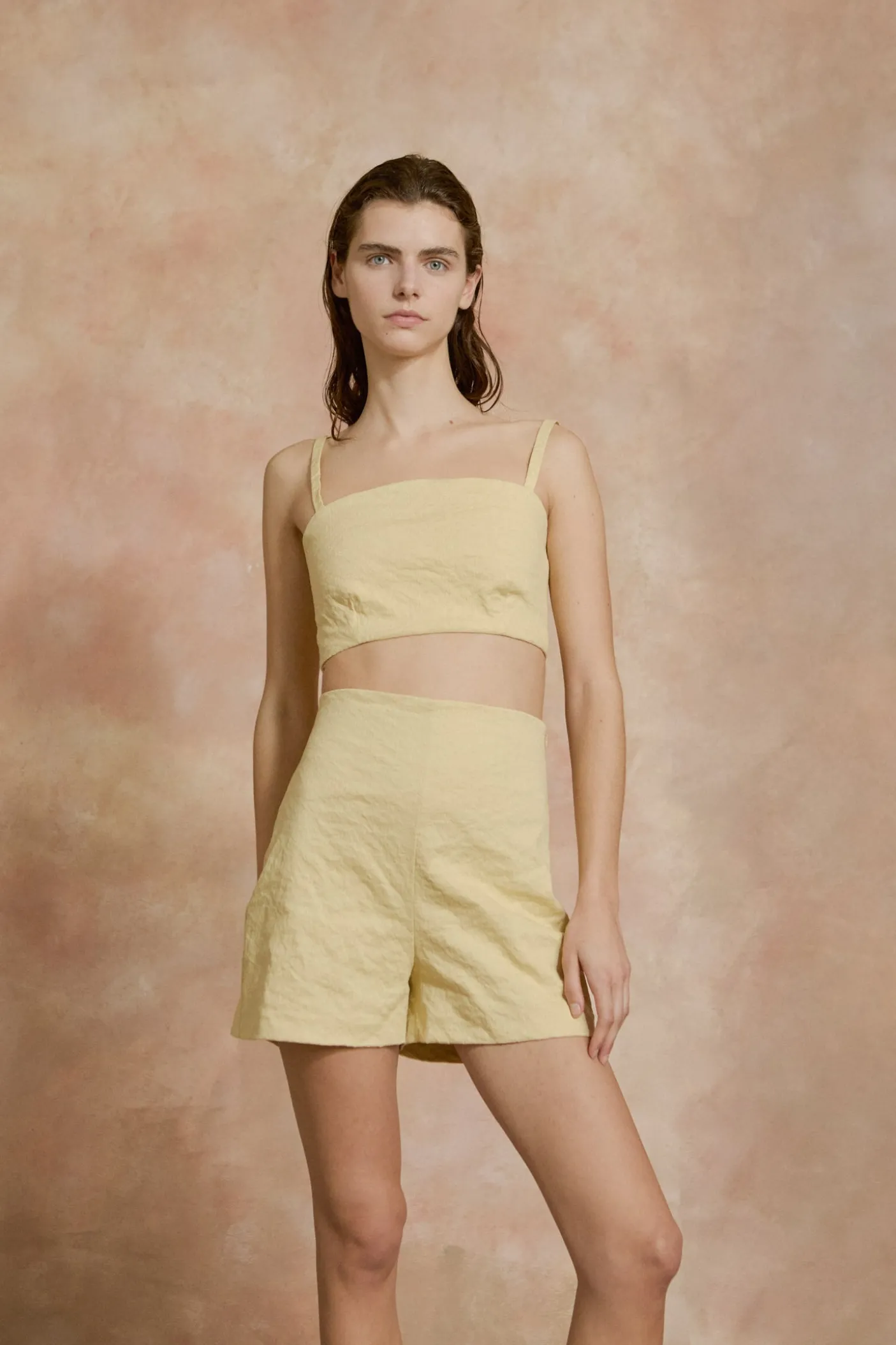 Limon, pale yellow high waisted shorts