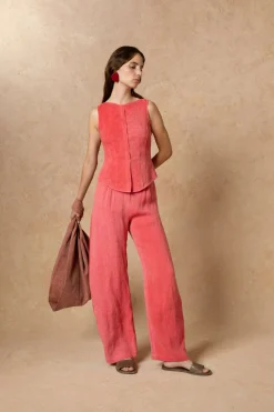 Lupe, pantalon en lino maltinto a rayas rosa