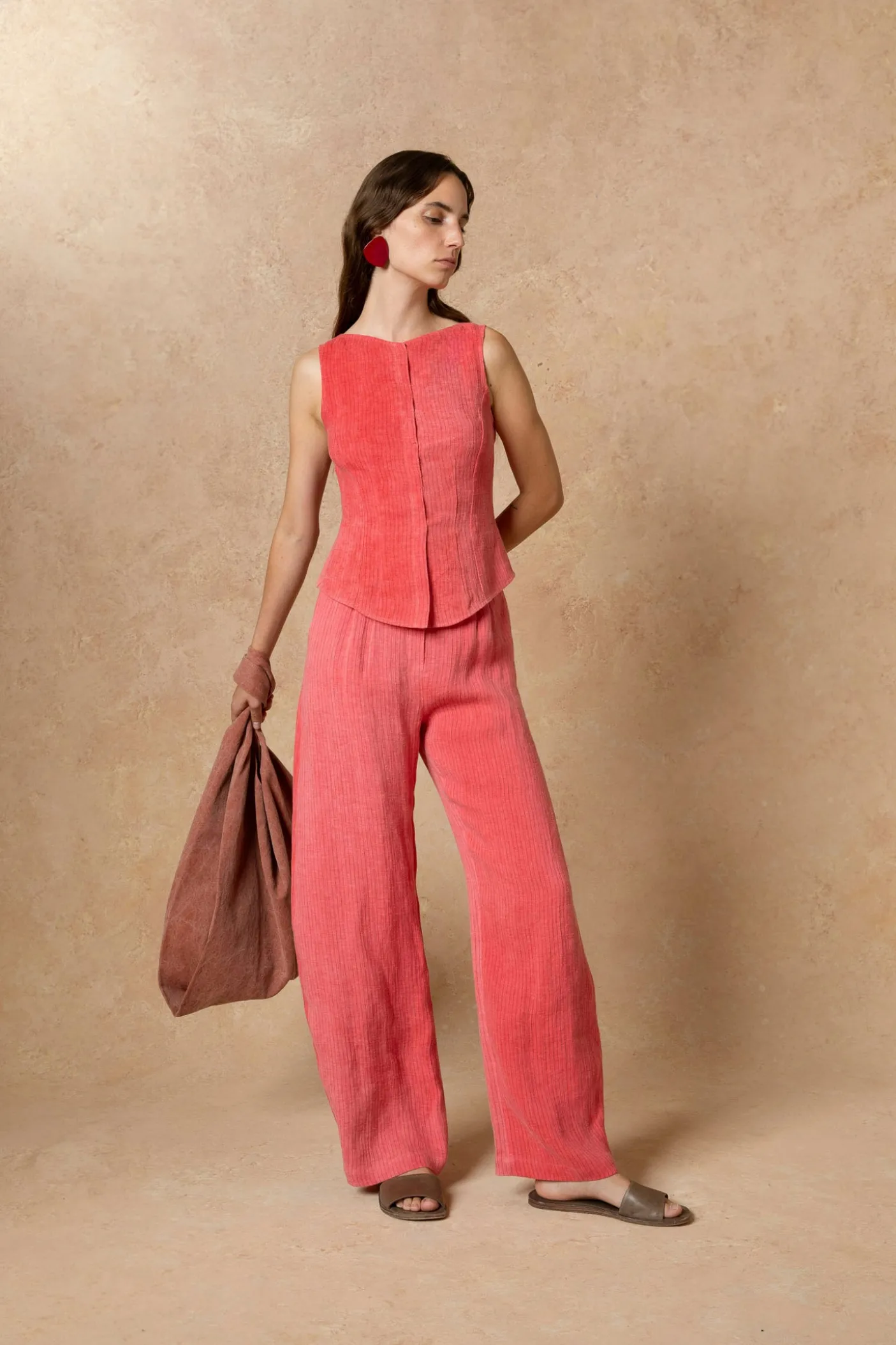Lupe, pantalon en lino maltinto a rayas rosa