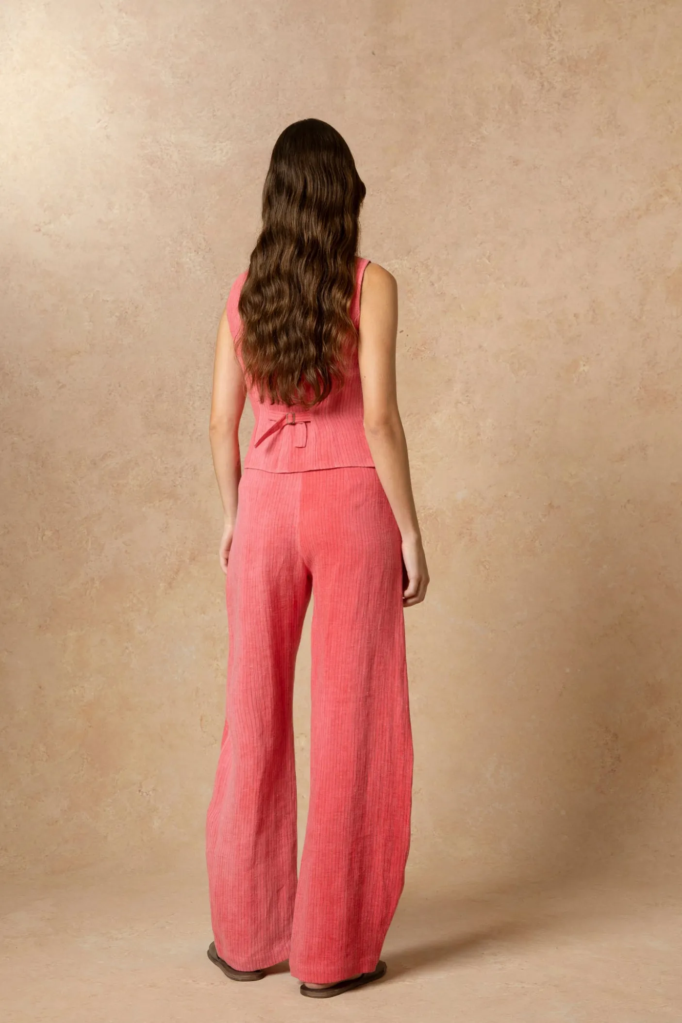 Lupe, pantalon en lino maltinto a rayas rosa