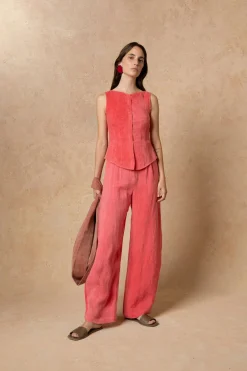 Lupe, pantalon en lino maltinto a rayas rosa