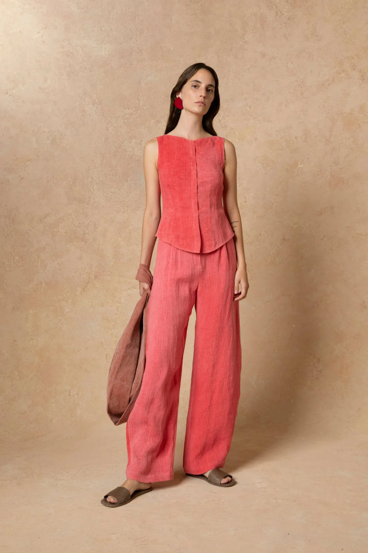 Lupe, pantalon en lino maltinto a rayas rosa