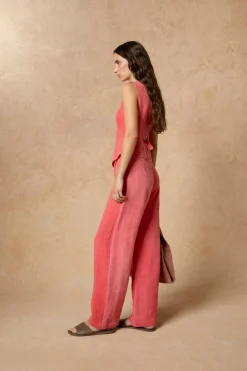 Lupe, pantalon en lino maltinto a rayas rosa