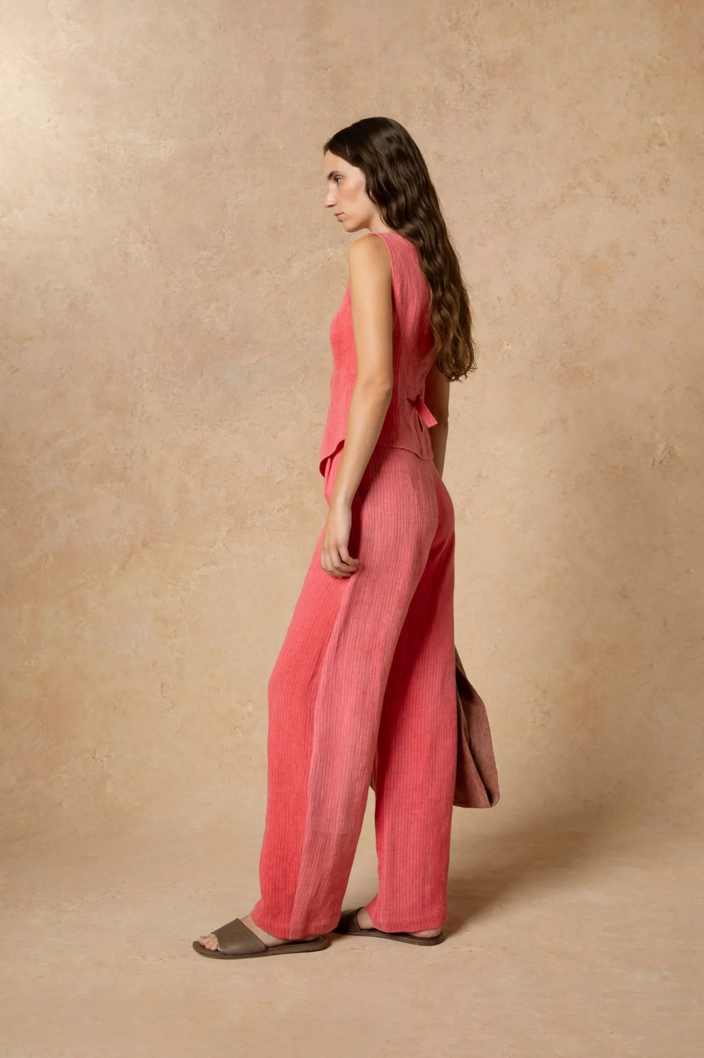 Lupe, pantalon en lino maltinto a rayas rosa