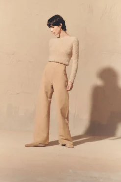 Margot, pantalón en lino y lana arena rosa