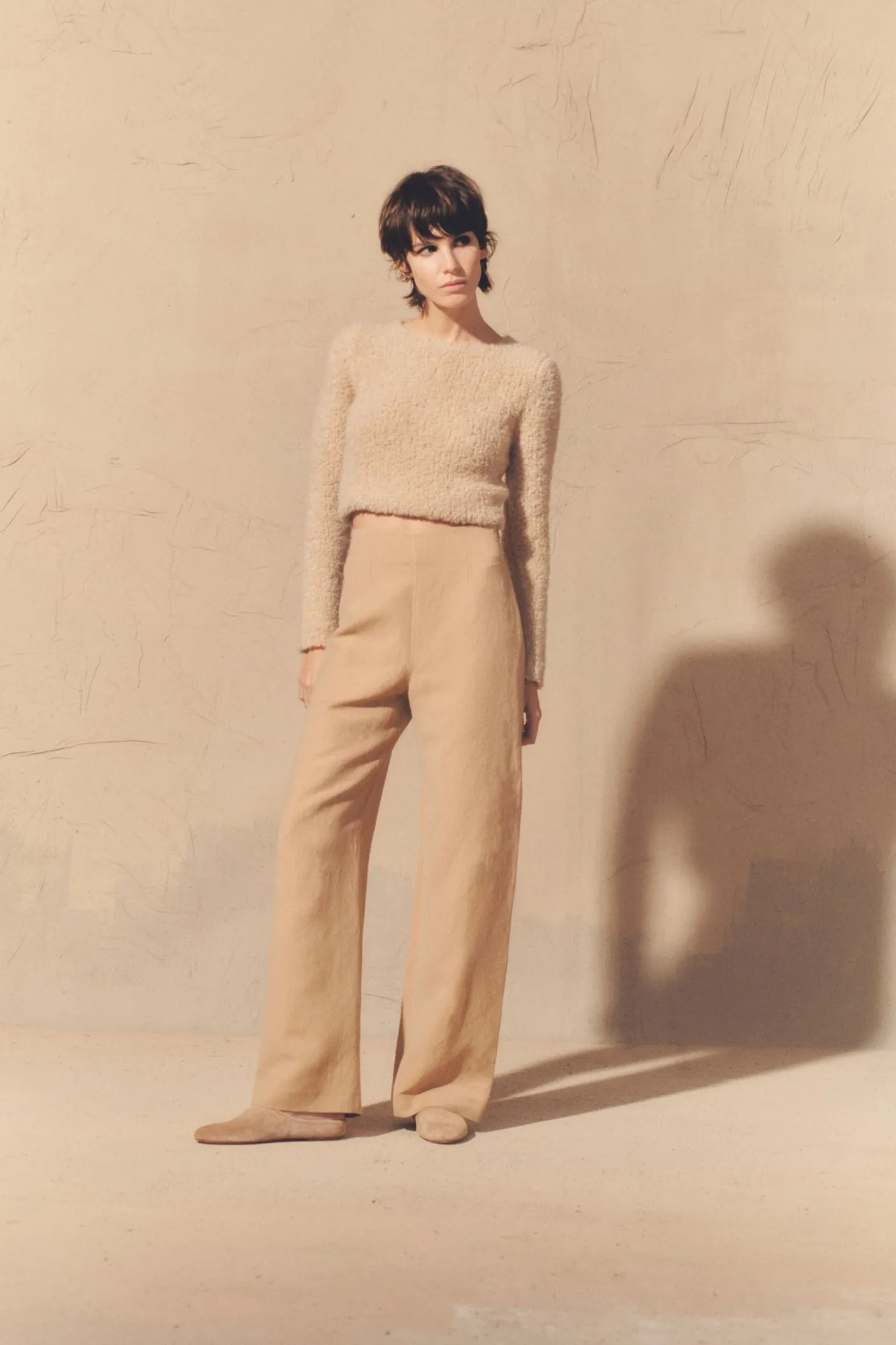Margot, pantalón en lino y lana arena rosa