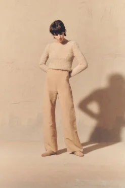 Margot, pantalón en lino y lana arena rosa