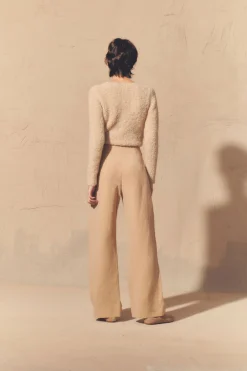 Margot, pantalón en lino y lana arena rosa