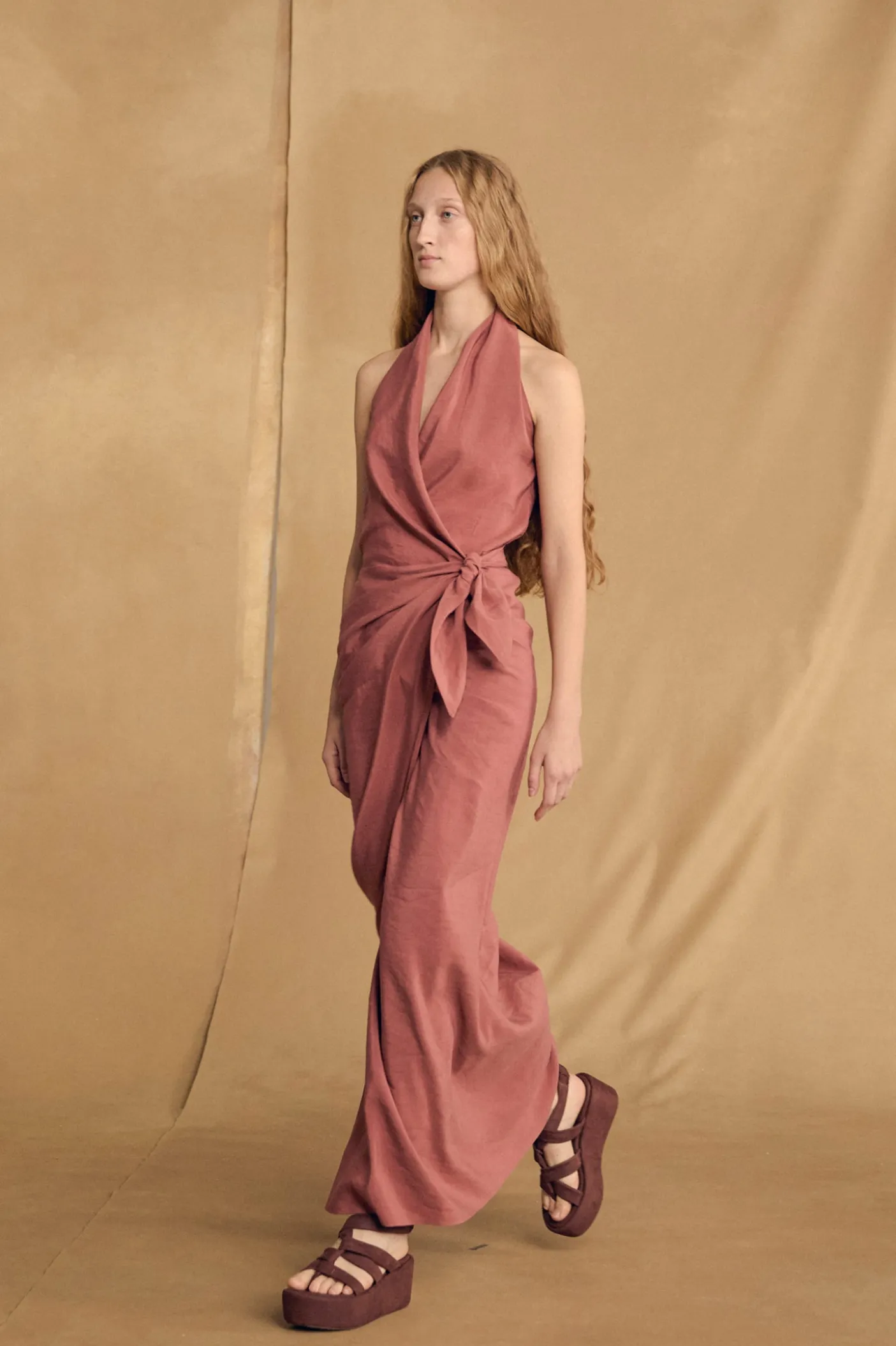 Mona, strawberry linen and silk dress