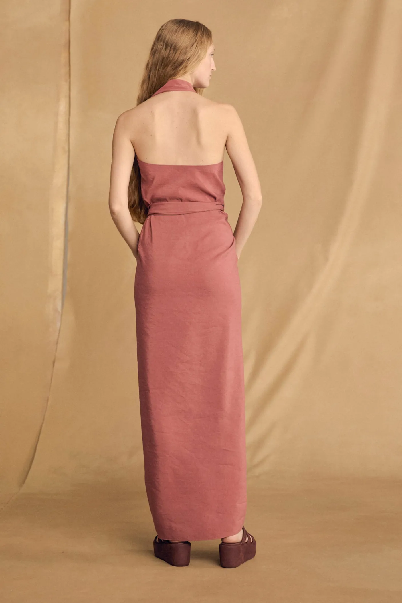 Mona, strawberry linen and silk dress