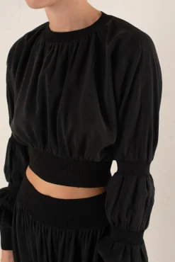 Morgan, crop top en lino y seda gris humo