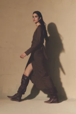 Norima, burgundy checked wrap dress