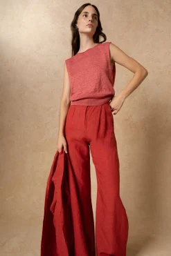 Rinen, chaleco de punto de lino rojo oscuro