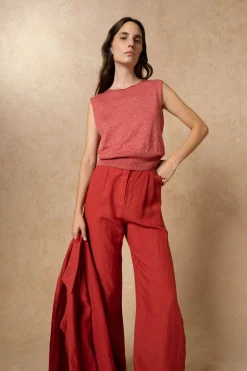 Rinen, chaleco de punto de lino rojo oscuro