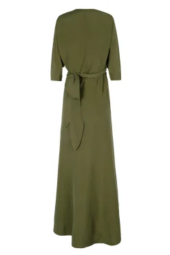 Tanami, long dress in jungle green linen and silk