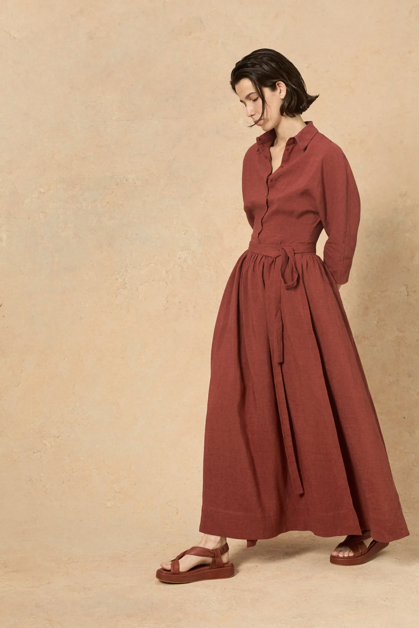 Theresa, red linen shirt