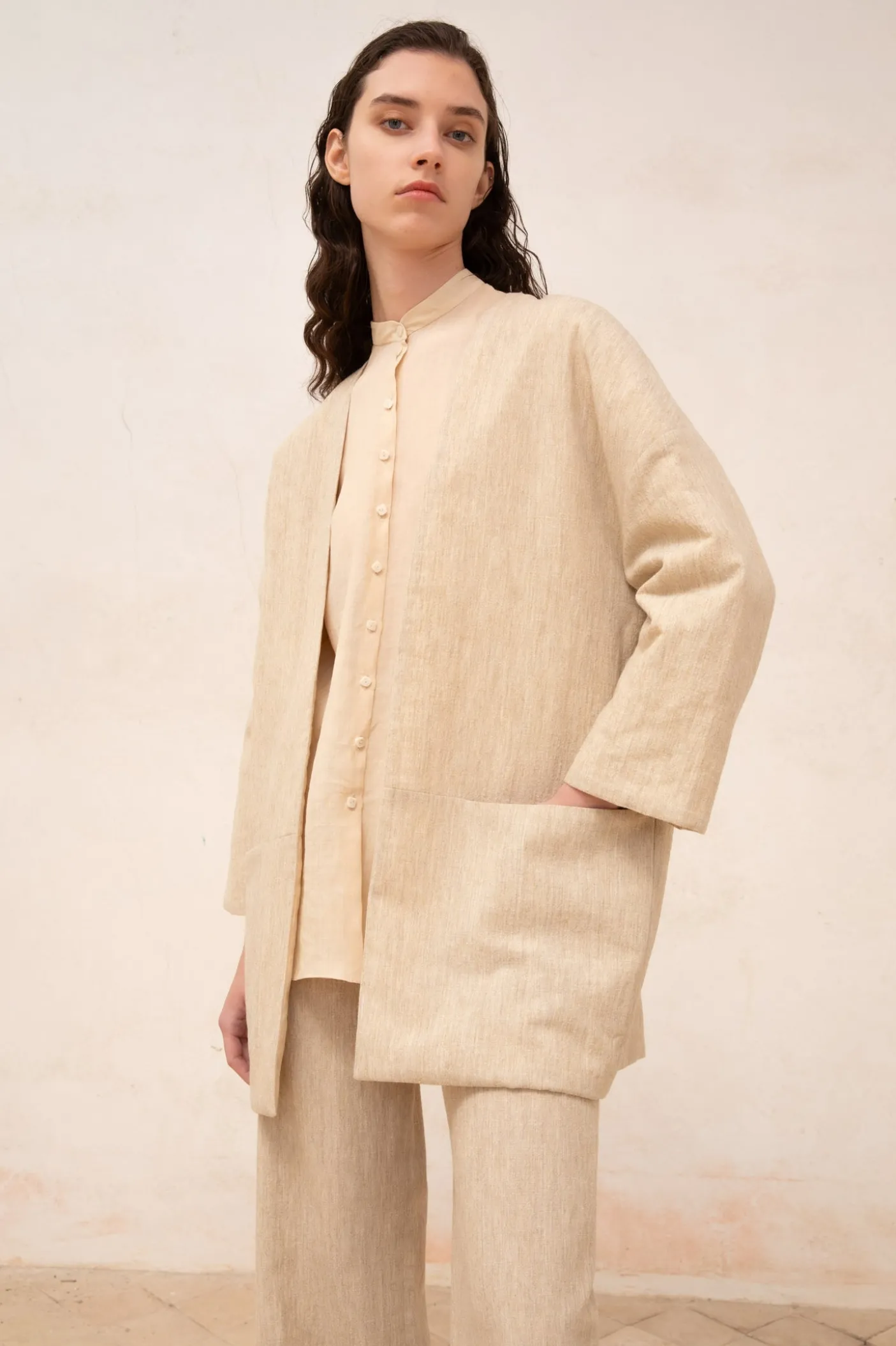 Una, beige melange linen and wool pants