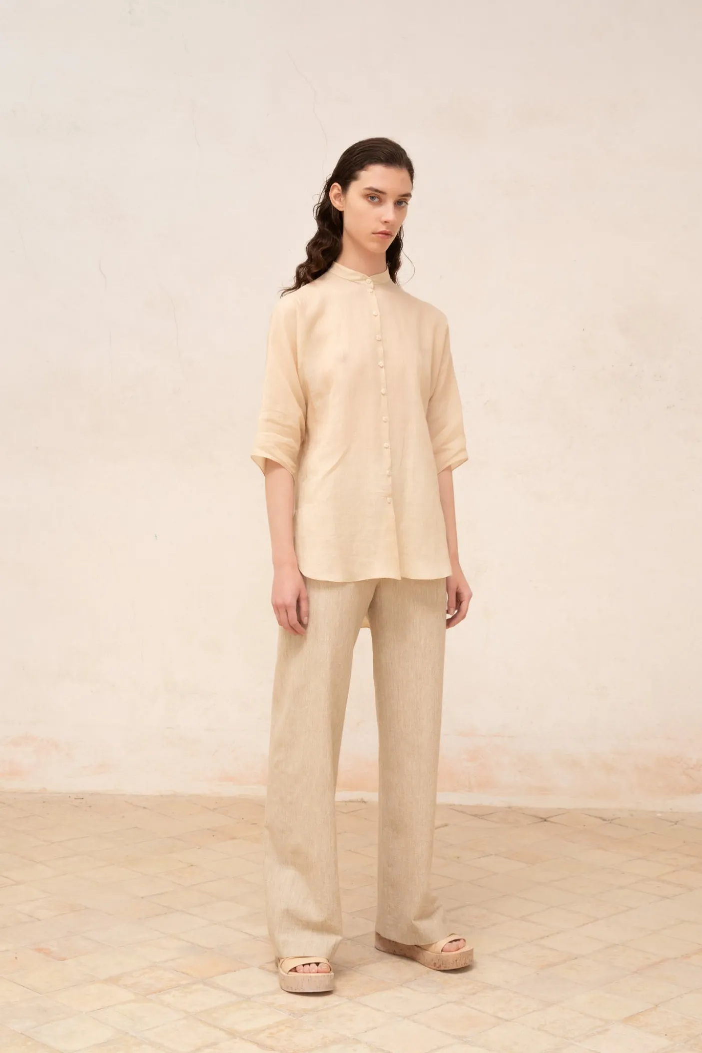Una, beige melange linen and wool pants