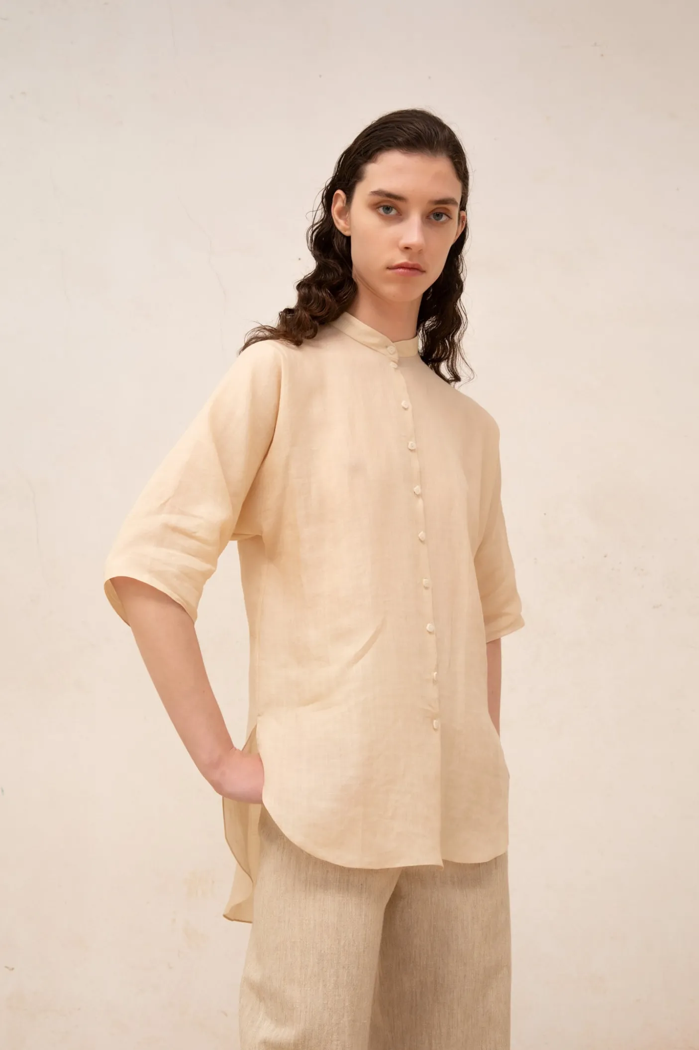 Una, beige melange linen and wool pants